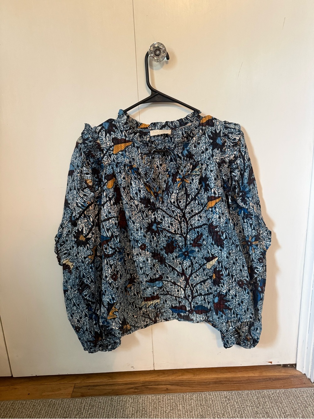 Ulla Johnson Blue Botanical Print Long-Sleeve Blouse with Mustard Accents